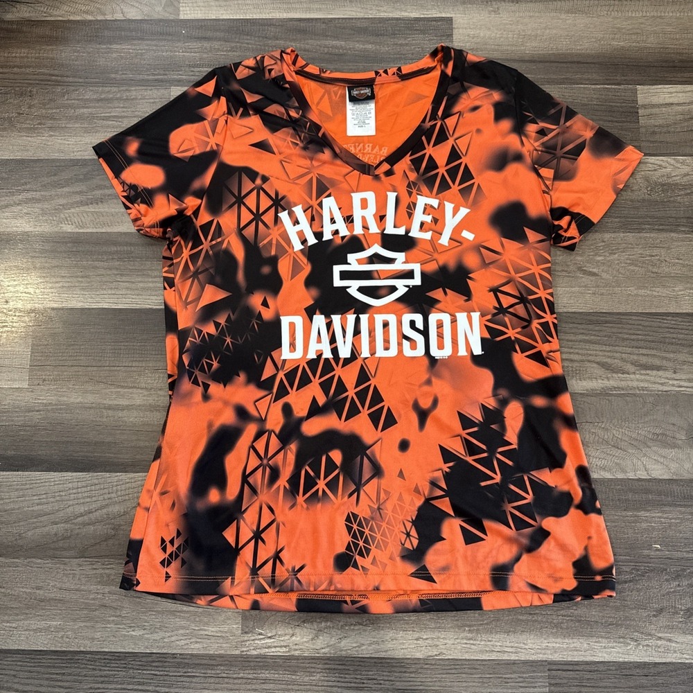 Harley Davidson Geometric Orange/black V Neck T Shirt Women's Sz Large El Paso